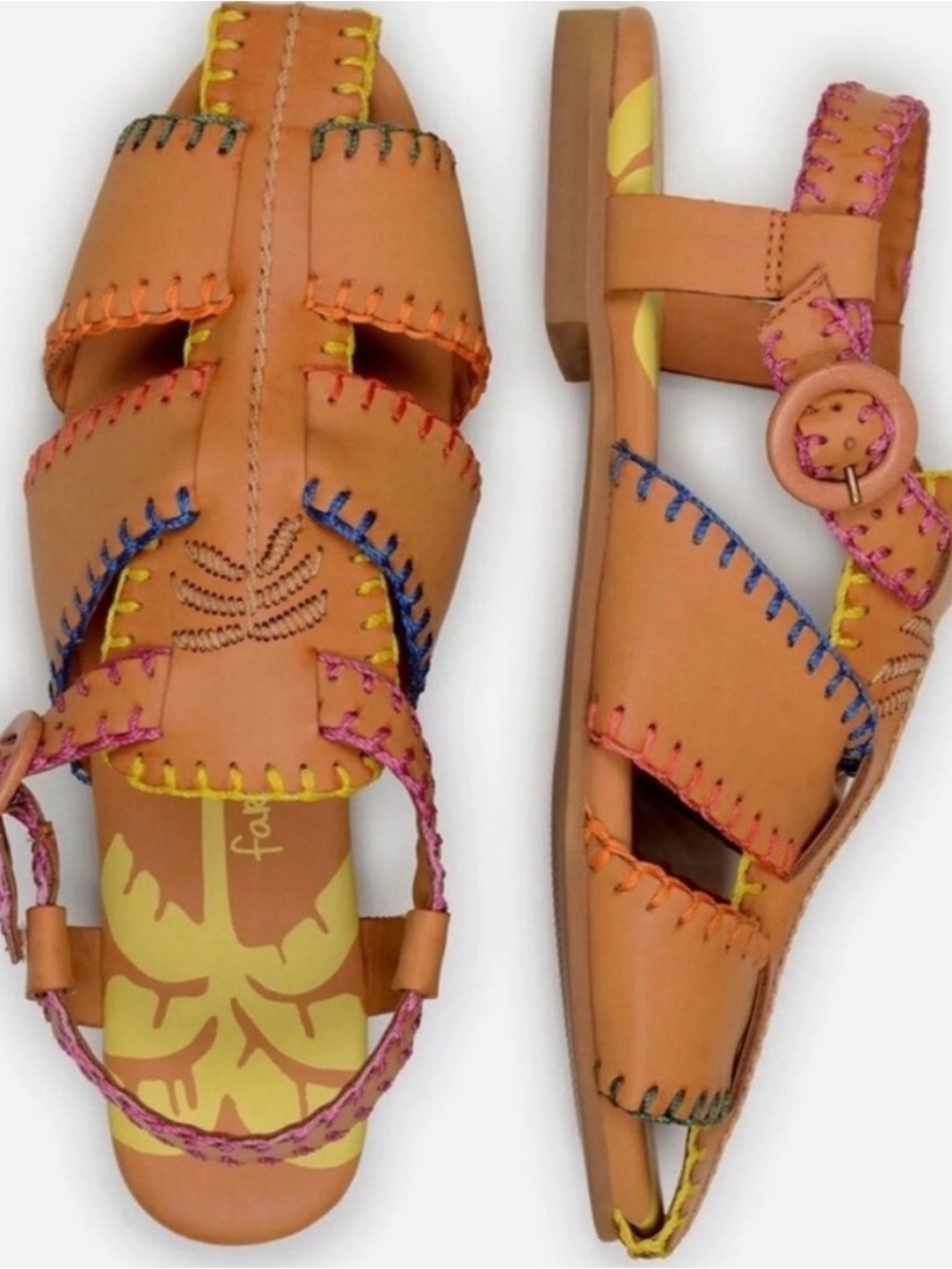 Farm Rio Tan Leather Multi Color Stitch Fisherman Sandals Palm Tree Boho
